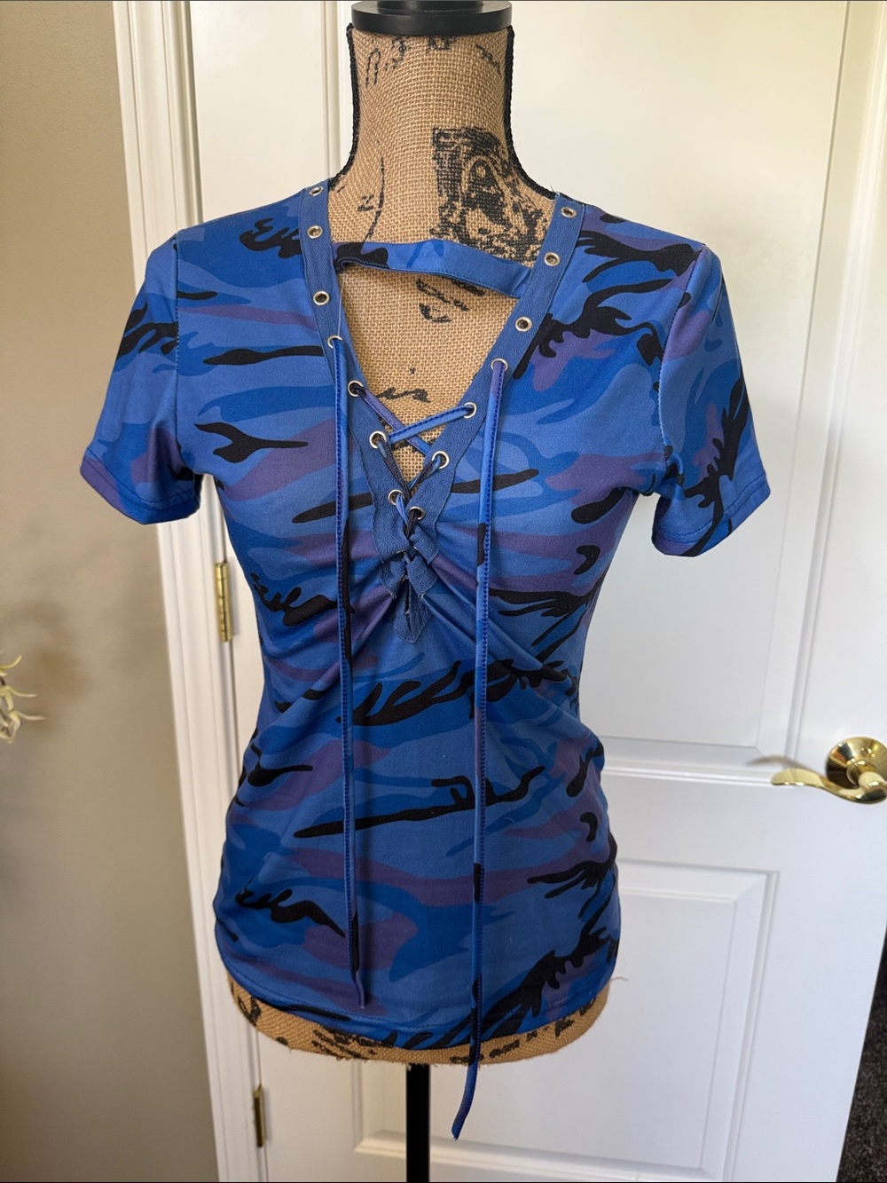 Blue Camo Lace-Up Women’s Top